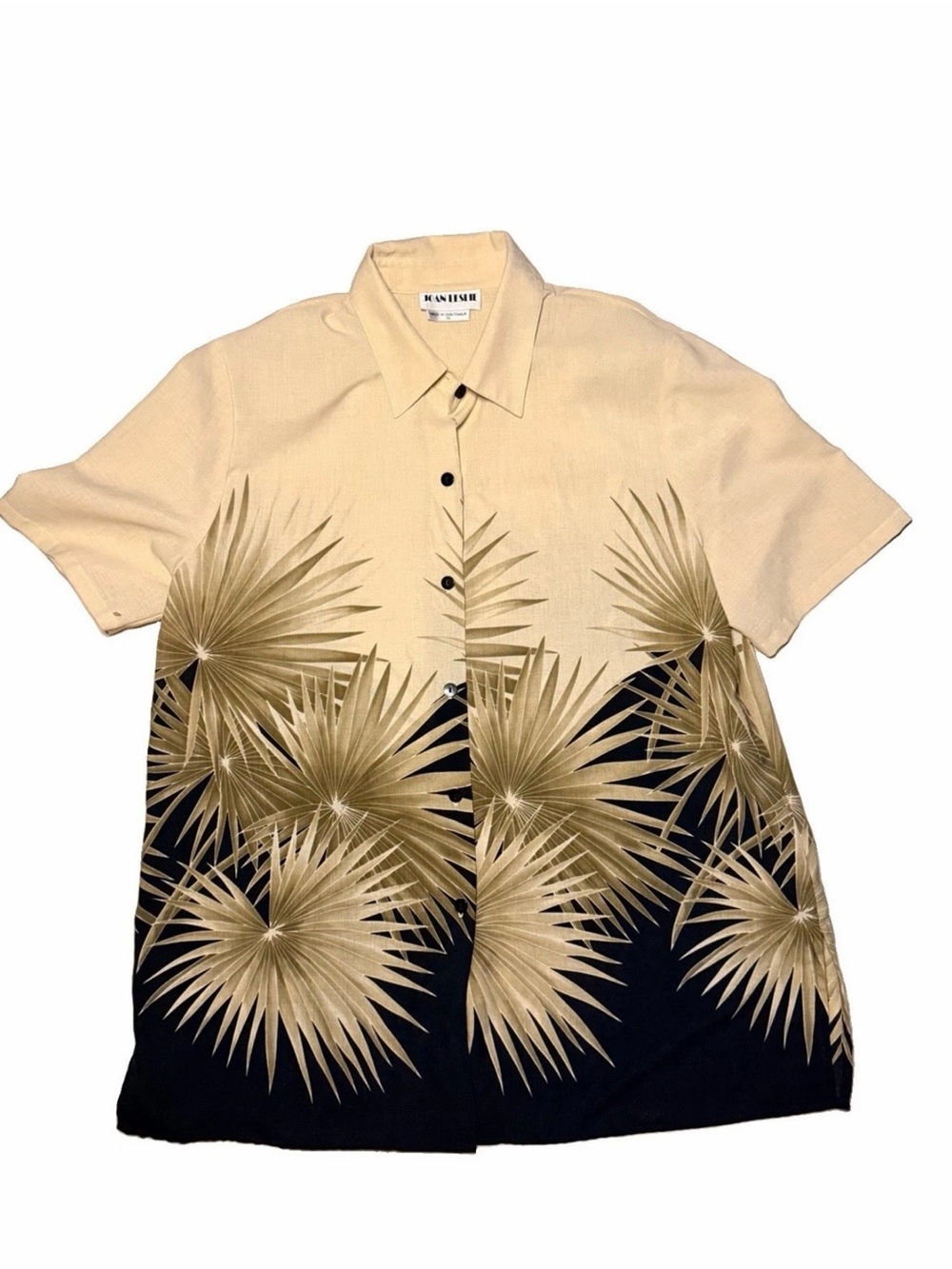 Joan Leslie Beige and Black Palm-Print Short Sleeve Shirt